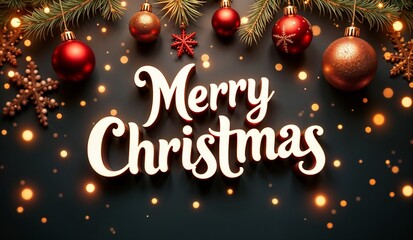 Festive Merry Christmas text with red and gold ornaments, lights, and pine branches