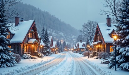 Fototapeta premium Charming snow-covered village street with cozy houses and warm lights during winter evening