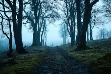 Fototapeta premium A chilly, mist-laden forest path lined with bare trees and a carpet of moss, invoking a feeling of seclusion and tranquility amid a mysterious ambiance.