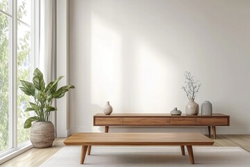 Country House With Sofa And Table This is an interior photo of a Scandinavian interior and mid-century modern interior combination in the living room. Generative AI
