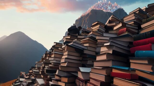 A symbolic image of a man climbing a mountain made of books, reaching for a crystal peak. Represents pursuit of knowledge and the path to success.. AI Generation