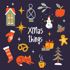 Christmas collection. Cute objects and characters. Design elements. Winter elements.