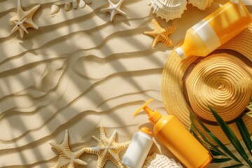 Fototapeta premium A beach scene with a hat, sunscreen, and other beach items