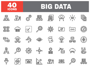 Set of 40 line icons big data. Outline icon collection. Editable stroke. Vector illustration.