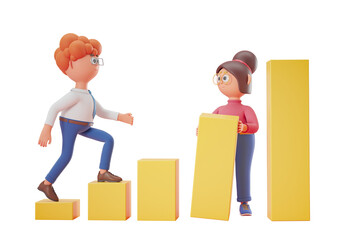 Two 3D characters interacting with yellow bar graphs on a white background. Concept of business growth and teamwork. 3D Rendering