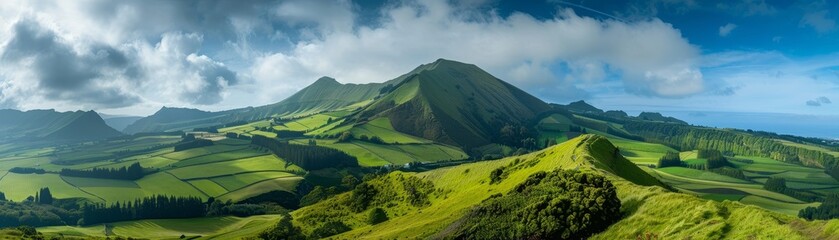 Fototapeta premium A View From The Peak of a Lush Mountain, Azores, Portugal, Landscape Photography, Green Hills, Panoramic View , Azores