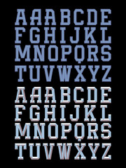 Narrow varsity block Letters with a solid flat vector version, with an inline inset, and 3D shadow and highlight bevel treatment.