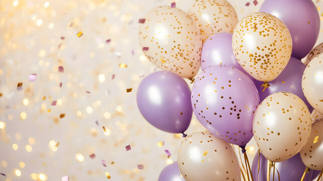 fondo de colores de globos morados y dorados con confeti dorado con espacio de copia para dise&ntilde;o de invitacion o tarjeta decorativa 