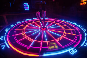 Vibrant Close-Up Neon-Illuminated Dartboard Against a Deep Dark Background, Highlighting Glowing Details and Brightly Colored Target Rings – Striking Visual for Entertainment and Game Room Ambiance
