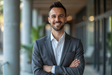 portrait of successful businessman consultant looking at camera and smiling inside modern office building