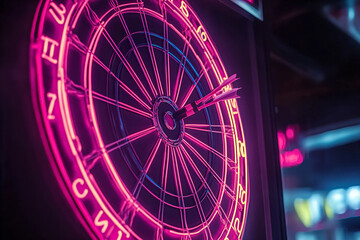Vibrant Close-Up Neon-Illuminated Dartboard Against a Deep Dark Background, Highlighting Glowing Details and Brightly Colored Target Rings – Striking Visual for Entertainment and Game Room Ambiance