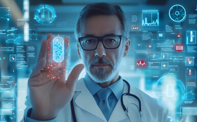  Doctor Holding Virtual Human Anatomy Hologram with Medical Data and Pill