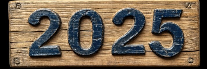 The image features a wooden plaque with the year 2025 prominently carved and painted in dark blue, reflecting a combination of rustic and timeless design elements