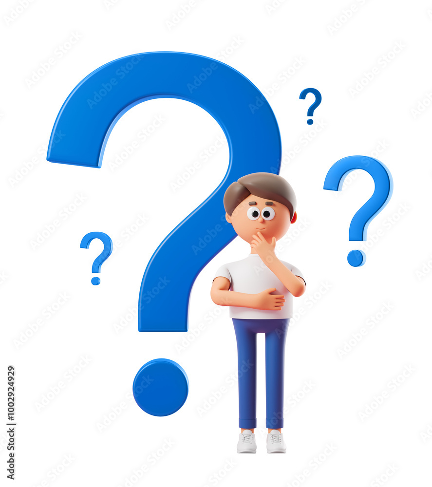 Fototapete 3d render of a confused character surrounded by blue question marks on a white background. concept o