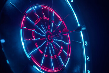 Vibrant Close-Up Neon-Illuminated Dartboard Against a Deep Dark Background, Highlighting Glowing Details and Brightly Colored Target Rings – Striking Visual for Entertainment and Game Room Ambiance