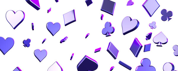 Floating 3D card suits including hearts, diamonds, clubs, and spades on an isolated white background. Concept of gambling. 3D Rendering