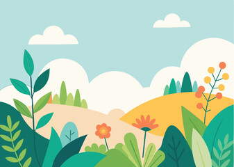 Vector illustration in trendy flat simple style - spring and summer background with copy space for text - landscape with plants, leaves, flowers  