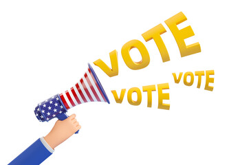Hand holding a megaphone with American flag design, emitting VOTE text in yellow. Isolated on white background. Concept of voting. 3D Rendering