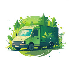 Obraz premium Green delivery van surrounded by nature and trees illustration