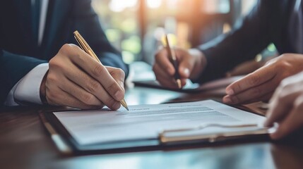 Fototapeta premium Businessmen Signing Important Document in Office