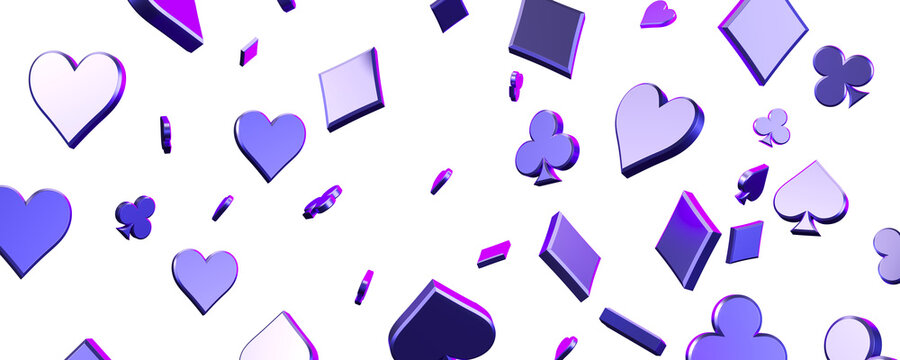 Floating 3D card suits including hearts, diamonds, clubs, and spades on an isolated white background. Concept of gambling. 3D Rendering