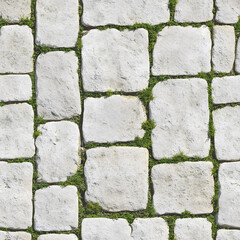 Obraz premium Seamless cobblestone pavement texture with square grey stones and green moss between the stones