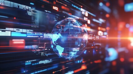 Fototapeta premium Creative hi-tech breaking news hologram and globe on blurry backdrop. Television, online news and digital communication concept. 3D Rendering