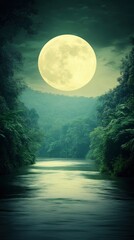 Fototapeta premium A full moon shines brightly in the night sky, casting its gentle glow upon an ancient river flowing through lush greenery.