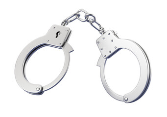 Silver handcuffs connected by a short chain, isolated on a clean white background. 3D rendering