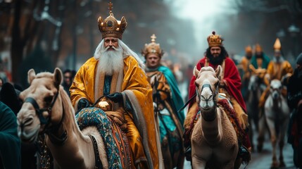 A lively procession features three kings on horseback, celebrating Epiphany in a festive atmosphere