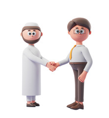 Two cartoon characters shaking hands, dressed in different cultural outfits, on white background. Concept of diversity and cooperation. 3D Rendering