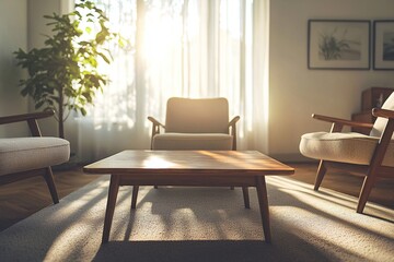 Fototapeta premium A photo of a well-lit housing living room. A photo of a mid-century modern interior with a table and an armchair. Generative AI 