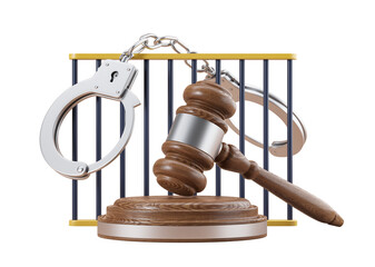 Gavel and handcuffs in front of prison bars on a white background. 3D rendering. Concept of justice and law enforcement