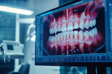 A picture of the teeth on the screen in a dental clinic.