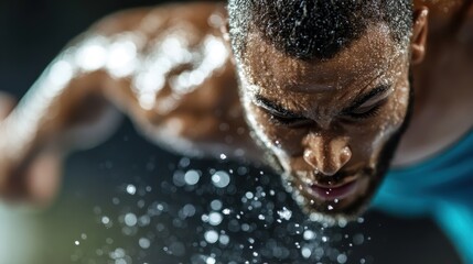 Obraz premium A muscular athlete strains intensely during a workout, sweat glistening on his skin, epitomizing the effort and endurance dedicated to pushing physical limits.