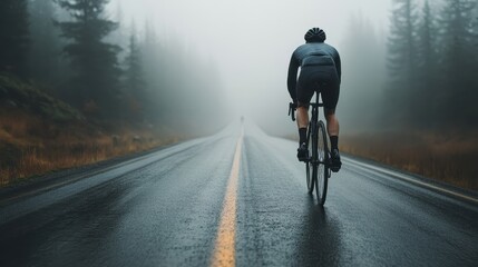 Naklejka premium A cyclist rides on a wet, foggy road surrounded by tall trees in a serene landscape, capturing the essence of determination and solitude in a misty setting.