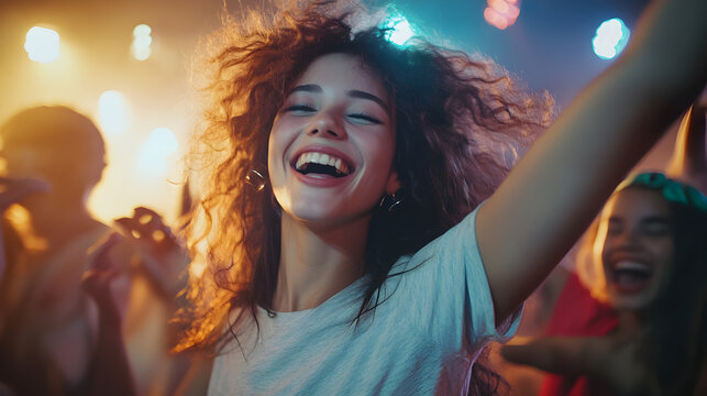 una chica mujer joven feliz y sonriente disfrutando y bailando en un concierto o festival en una discoteca emocionada y celebrando la buena musica