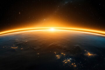 View of Earth from space at night, stars and city lights, an orange glow.