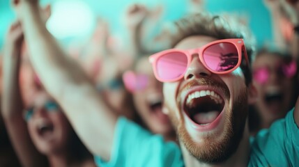 A joyous individual wearing bright pink sunglasses amidst a cheering crowd at a lively event, capturing the essence of joy, energy, and celebration in full swing.