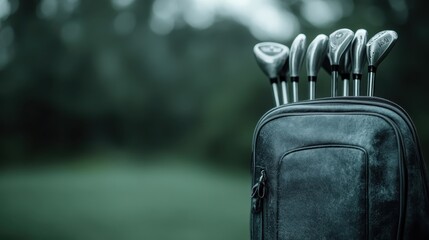 A modern blue golf bag on a green golf course, containing several sleek golf clubs, highlights the sporting elegance and tranquility of golfing experiences.