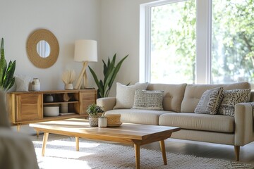 A photo of the mid-century modern interior of a country house living room with a wooden table and sofa. Generative AI
