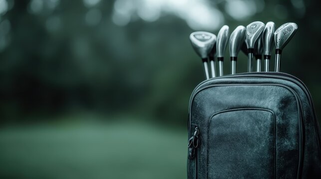 A modern blue golf bag on a green golf course, containing several sleek golf clubs, highlights the sporting elegance and tranquility of golfing experiences.