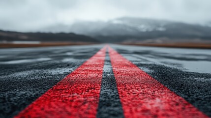 An expansive shot of a wet road stretching into the distance, marked by bold red lines that create a dramatic and adventurous perspective on a foggy day.
