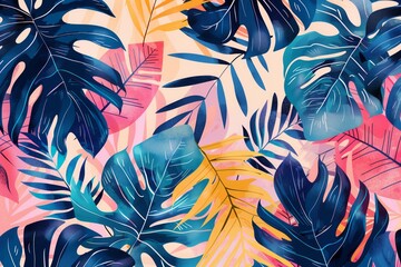 Naklejka premium A colorful tropical scene with many different types of leaves