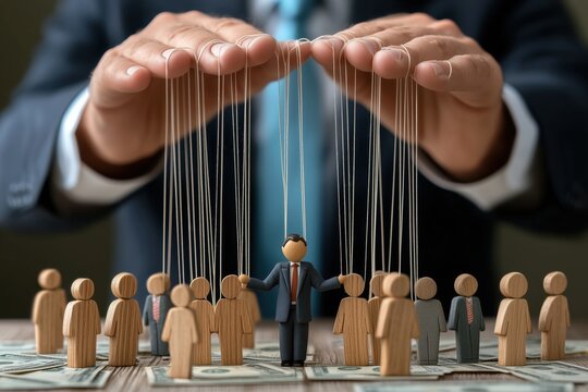 Manipulated Power: A businessman is controlled by unseen forces, symbolized by strings held by hands above, surrounded by many smaller figures on a bed of money.