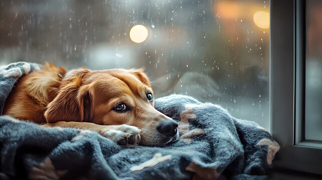 un perro descansando sobre una manta o cobija junto a la ventana disfrutando y relajado en un dia lluvioso y frio en su casa acogedora