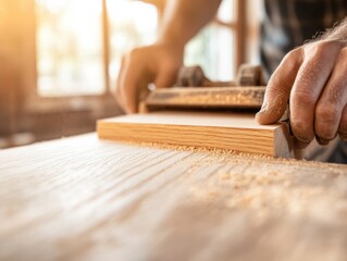 Close-up of a craftsman using a hand plane on a wooden board, showcasing the art of woodworking in a sunlit workshop.