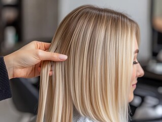 Obraz premium Close-up of a woman's beautiful long hair being styled by a professional hairstylist in a modern salon setting.