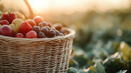 A wicker basket filled with fresh, colorful fruits placed in a green garden setting, lit warmly by the sun, symbolizing abundance and healthy living.
