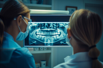 The dentists look at teeth x-ray on the screen.